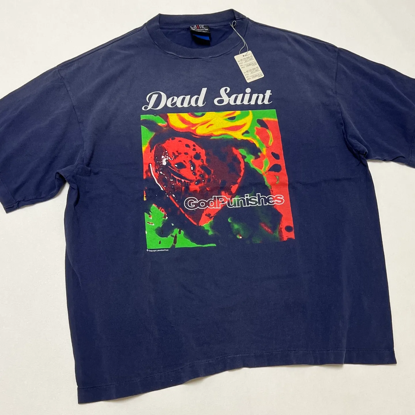 SAINT Mxxxxxx DEAD SAINT SS TEE/NAVY DEAD SAINT printed short sleeves God's Punishment TEE Washed blue S-XL Genuine consistent tube weaving without side seams High weight OE yarn fabric Assute dyeing Multiple horse fades Heavy wash water Worn holes Original consistent main mark/wash mark/little angel anti-counterfeiting mark